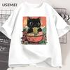 Cute Black Cat Eating Ramen T-Shirt Men Women Adorable Graphic Tee Shirt Foodie and Cat Lover Tshirt Animal Printed Tees Top
