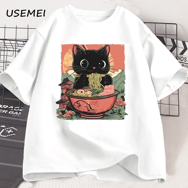 Cute Black Cat Eating Ramen T-Shirt Men Women Adorable Graphic Tee Shirt Foodie and Cat Lover Tshirt Animal Printed Tees Top