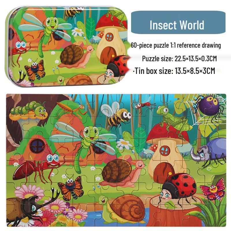 60-Piece Children's Wooden Cartoon Jigsaw Puzzle in Tin Box for Early Education