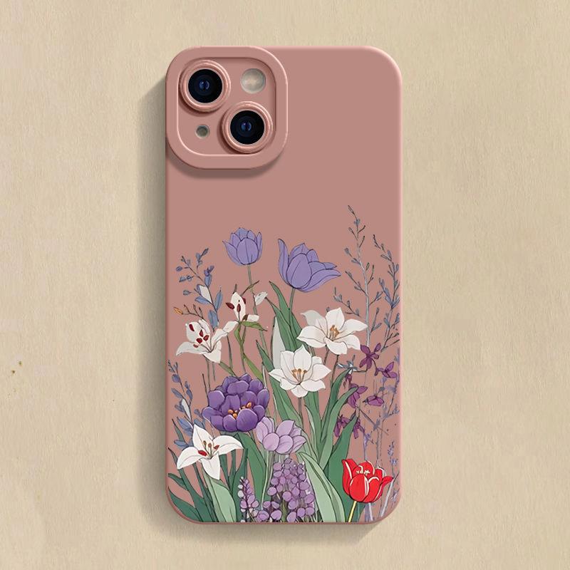 Purple Floral Pattern Phone Case For iPhone 16 16E 15 14 13 12 11 Pro Max XR X XS 12 Mini 16E 7 8 Plus Silicone Cover