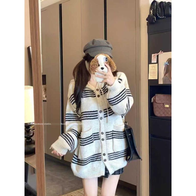 Lazy wind women's top contrasting striped long-sleeved sweater jacket women's autumn loose hooded knitted cardigan