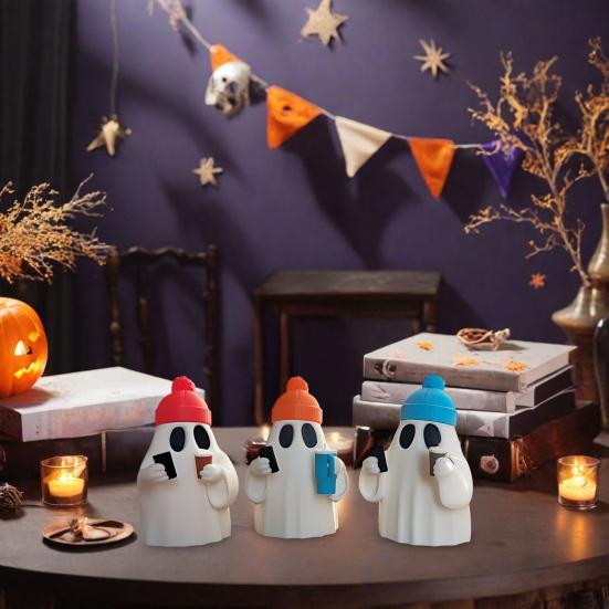 Halloween Ghost Figurine Cute Ghost Holding Phone And Cup Statue Small Ghost Tabletop Ornament for Halloween Home Decor