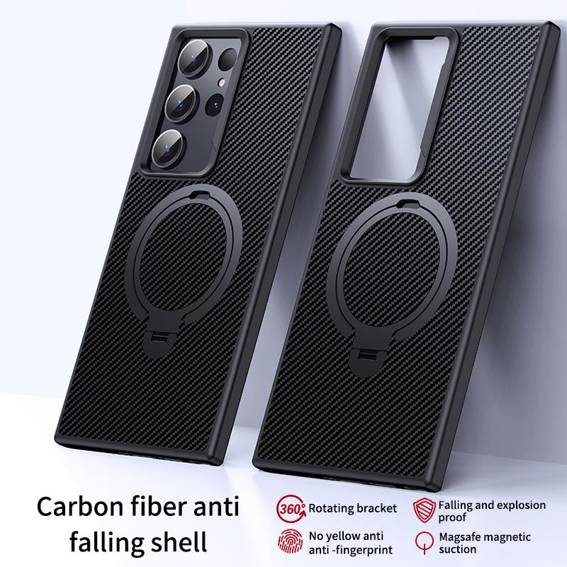 Carbon Fiber Texture Bracket Case for Samsung Galaxy S24 S23 Plus Ultra for Magsafe Wireless Charging Magnetic Ring Holder Cover