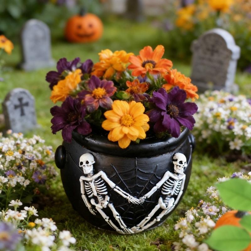 Gothic Succulents Planter, Halloween Skull Cauldron Pot In Resins for Table Decors, Small Flower Container for Shelf and Window Display