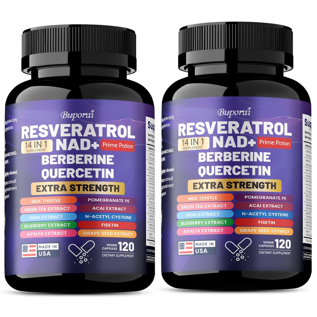 Buporai Resveratrol Supplement, containing milk thistle, berberine, green tea, blueberry, and grape seed extract, suitable for adults.