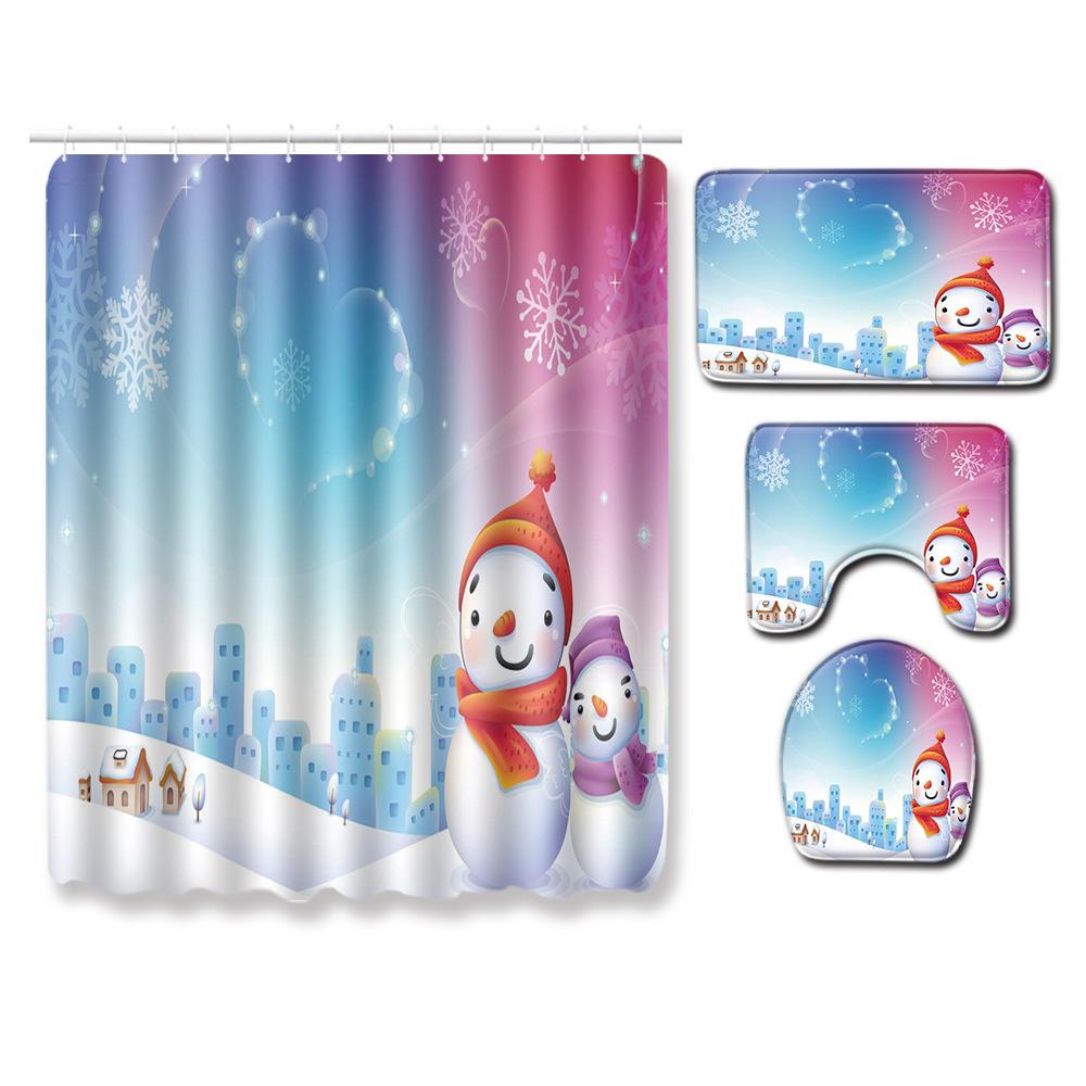 Christmas Shower Curtain Floor Mat Combination Four-Piece Set Bathroom Toilet Carpet Shower Room Mat Foot Mat