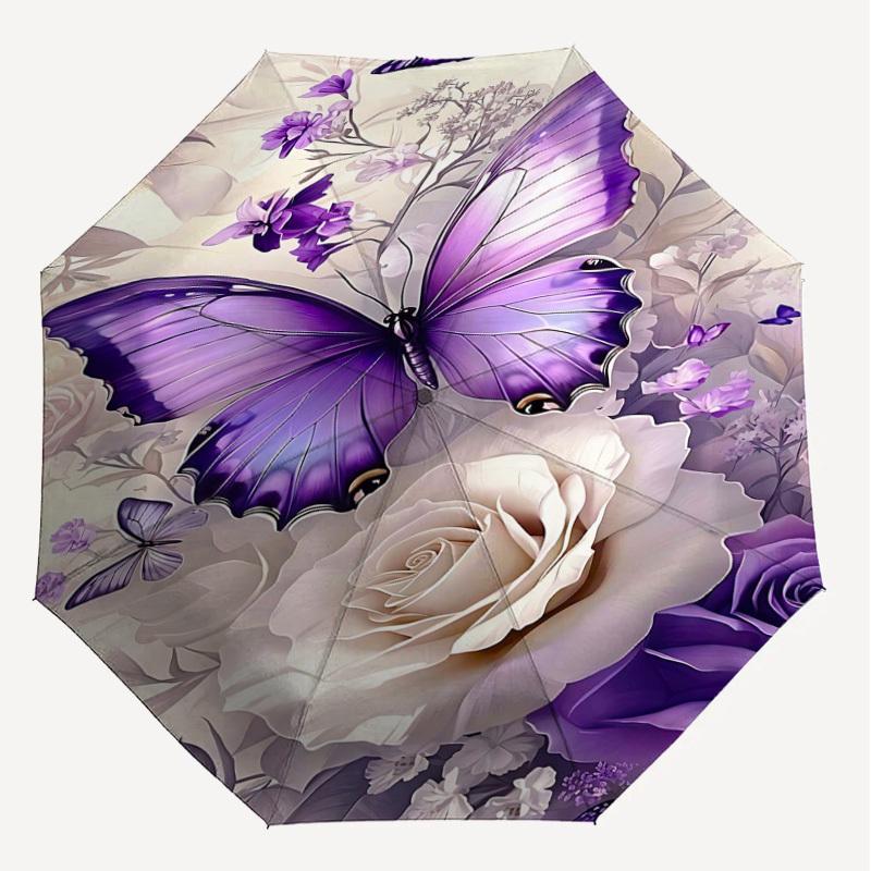 1PC Butterfly Flowers Umbrella-8-Rib Reinforced, Automatic Open, Lightweight & Durable, Fashion Accessory for Outdoor, H0410