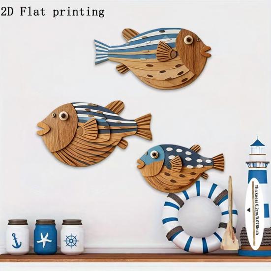 3 Pezzi Pesci in Legno Decorazione Murale Nautica da Spiaggia, Scultura Murale Rustica di Pesci Sospesa per Casa sul Lago, Stanza dell'Oceano, Bagno, Camera da Letto