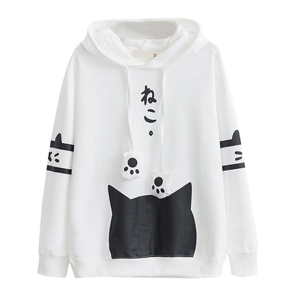 Womens Casual Long Sleeve  Cat Print Pocket Thin Hoodie Blouse Top Shirt