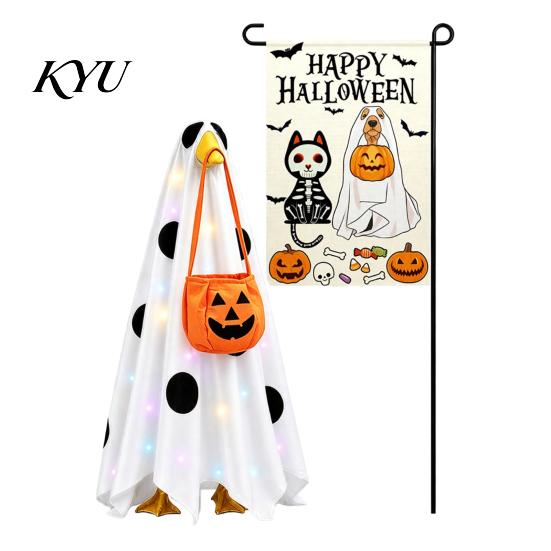 Lighted Goose Statue Halloween Ghost Porch Outfit And Flag Set for 23 Inch Statue, Decorative Garden Figure Spooky Clothes with Pumpkin Bucket Outdoor