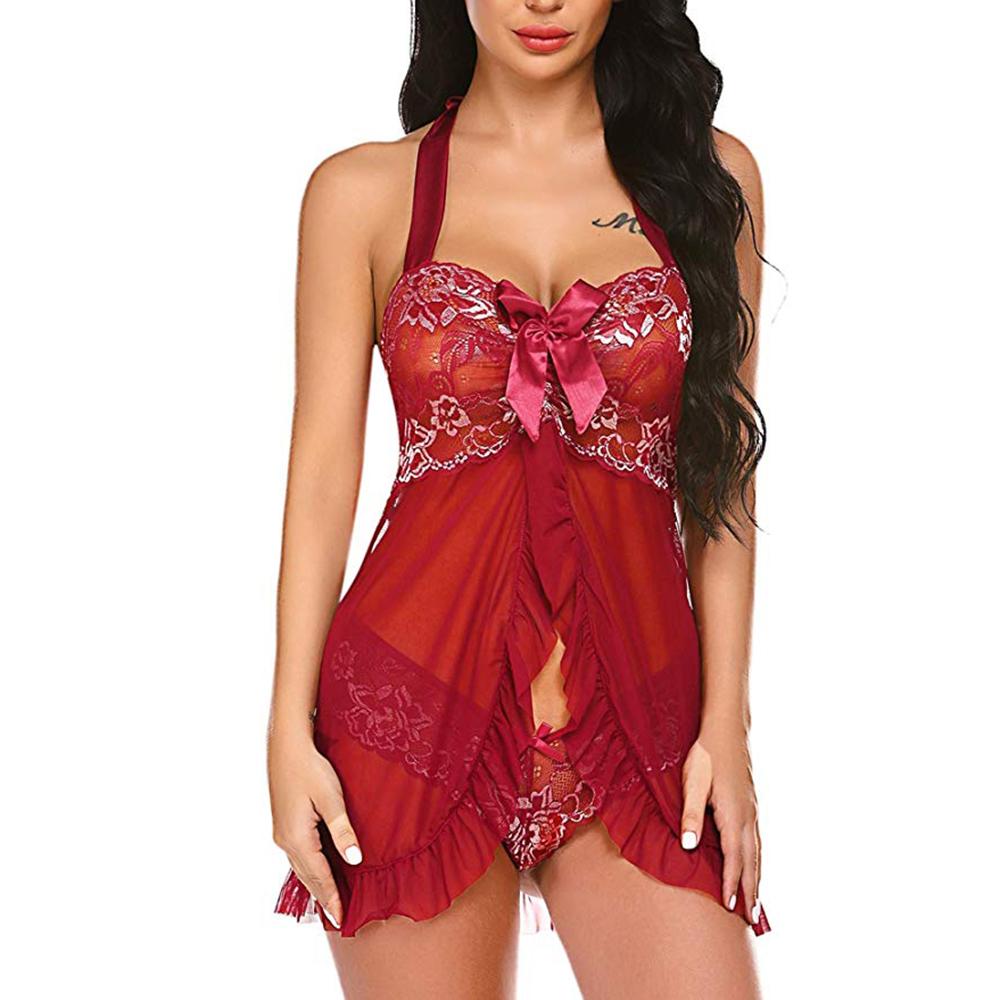 Dámské Sexy Halterneck Mesh Průhledné Sexy Pyžamové šaty 2022