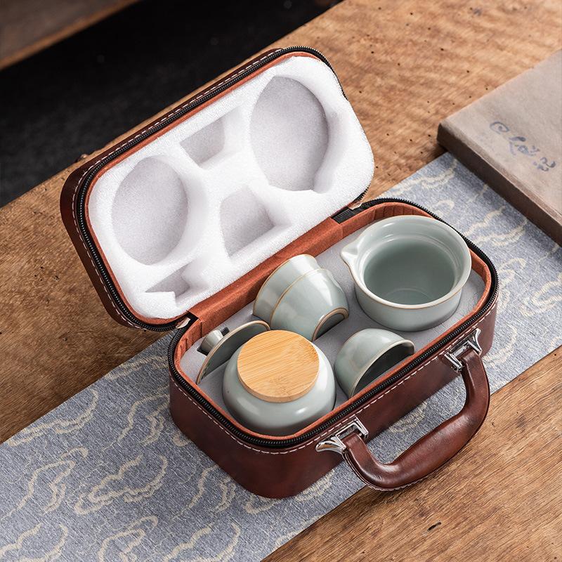 Celadon Ge Kiln Opening Film Can Raise Outdoor Portable Travel Tea Set, One Pot and Three Cups of Kuaike Tea Cup Gifts