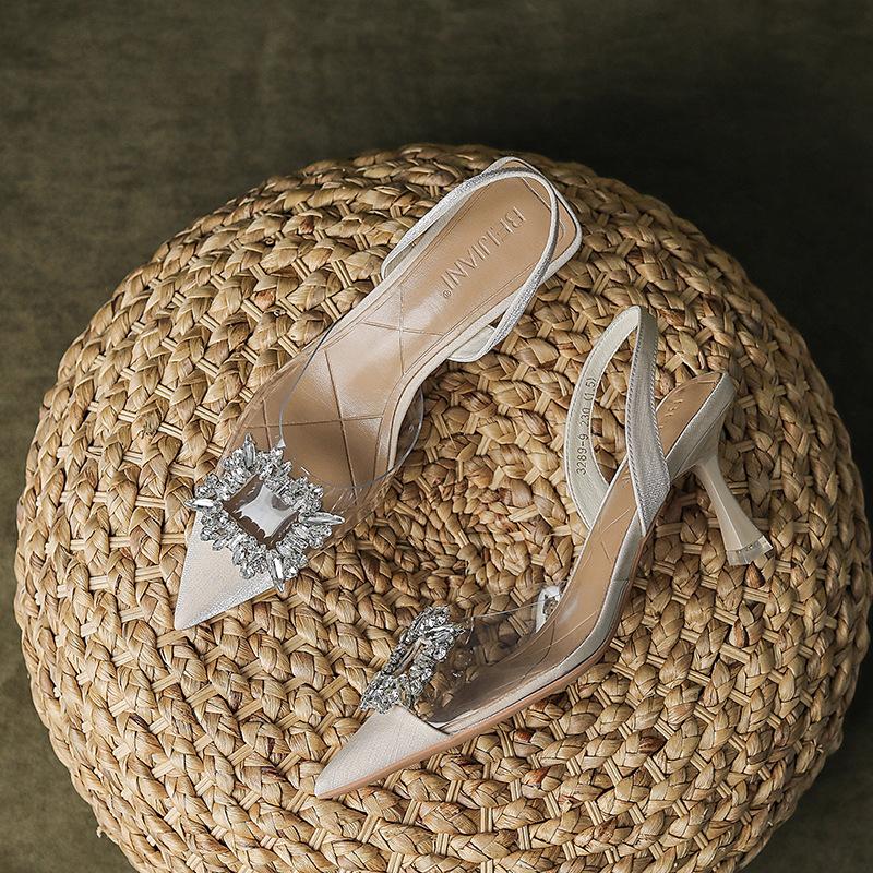 Rhinestone Square Buckle High Heels Fairy Wind Transparent Bag Head Sandals Female Thin Heel Pointed Back Empty Spring and Summer New