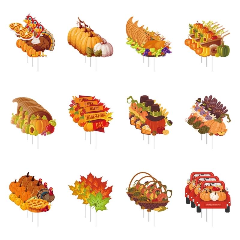 Thanksgiving Cake Inserts, Pack of 12pcs Cake Plug-in and Flag Inserts Turkey Decorations for Holiday Party Gathering