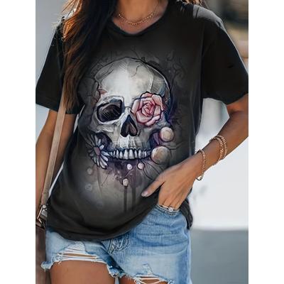 Summer V-neck T-shirt for Women's New 3D Skull Print Short Sleeved Polyester Street Clothing Holiday Travel Top