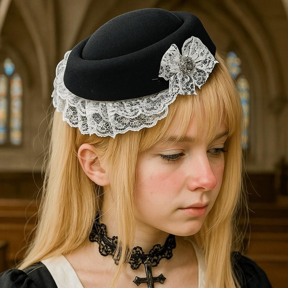 Exquisite Lace Billycock Hat Sweet Heart Crystal Round Hat Hair Accessories Bow Pillbox Hat  Ladies