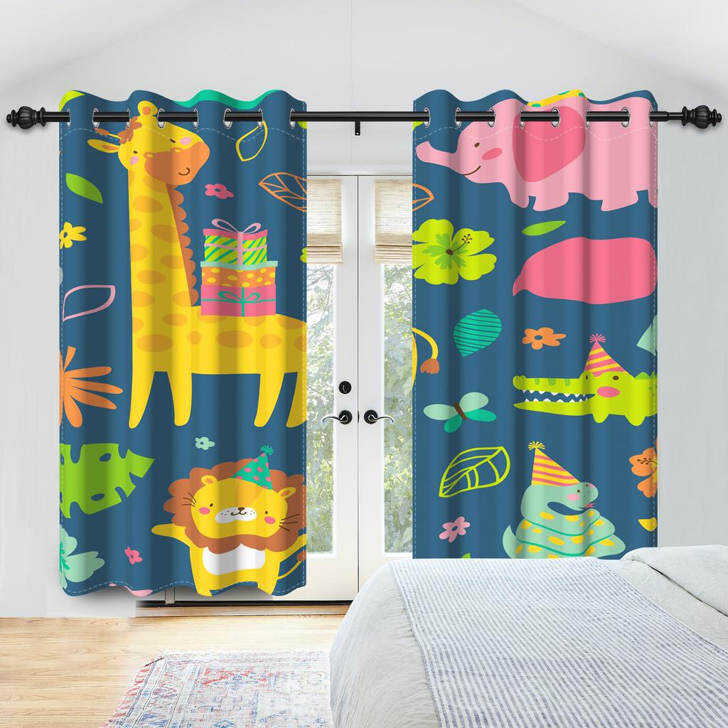Set Of 2 Tropical Jungle Animal Pattern Curtains Cute Hippo Koala Parrot Design Kids Room Bedroom Living Curtain Darkening Polyester Ideal For Area