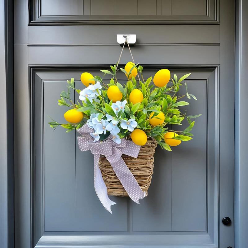Basket Wreath Spring Porch Wreath for Outdoor Decorative Wreath Ornament Lemon Flower Basket Wreath Artificial for Home Wedding
