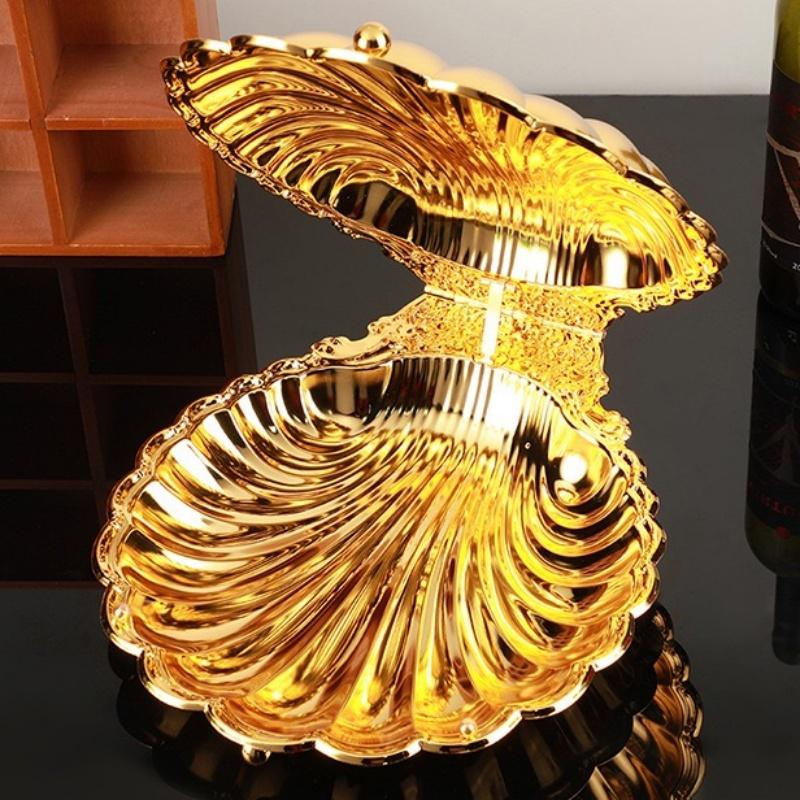 European Fruit Plate, Alloy Household Shell Shape Open Plate, Gold Niche Retro Snack Plate, Home Tabletop Living Room Decoration