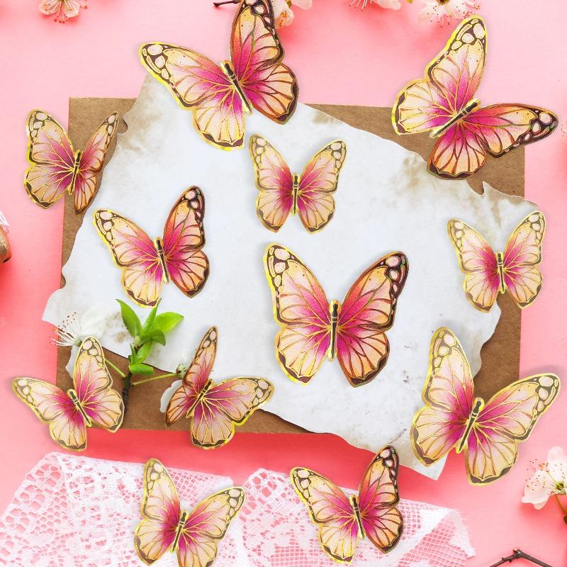 A Set of 12 Gold Edged Hot Stamping 3D Butterfly Wall Stickers, Wedding, Holiday, Birthday Decoration Background Wall Stickers