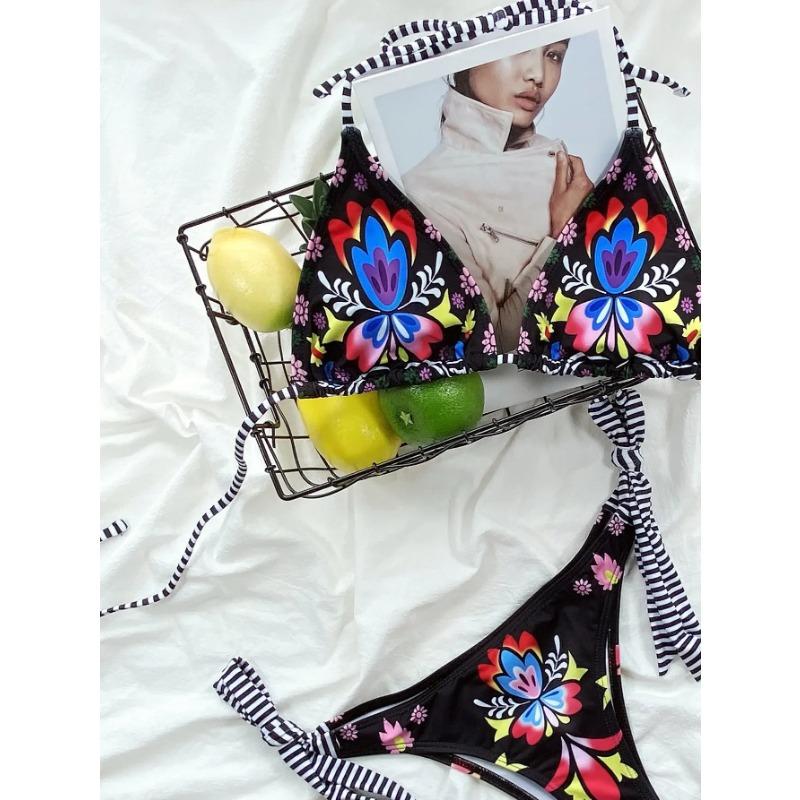 Boho Style Women's Print Micro Bikini Set 2025 New Sexy Halter Lace-Up Swimsuit Backless Push Up Swimwear Bathing Suit Beachwear