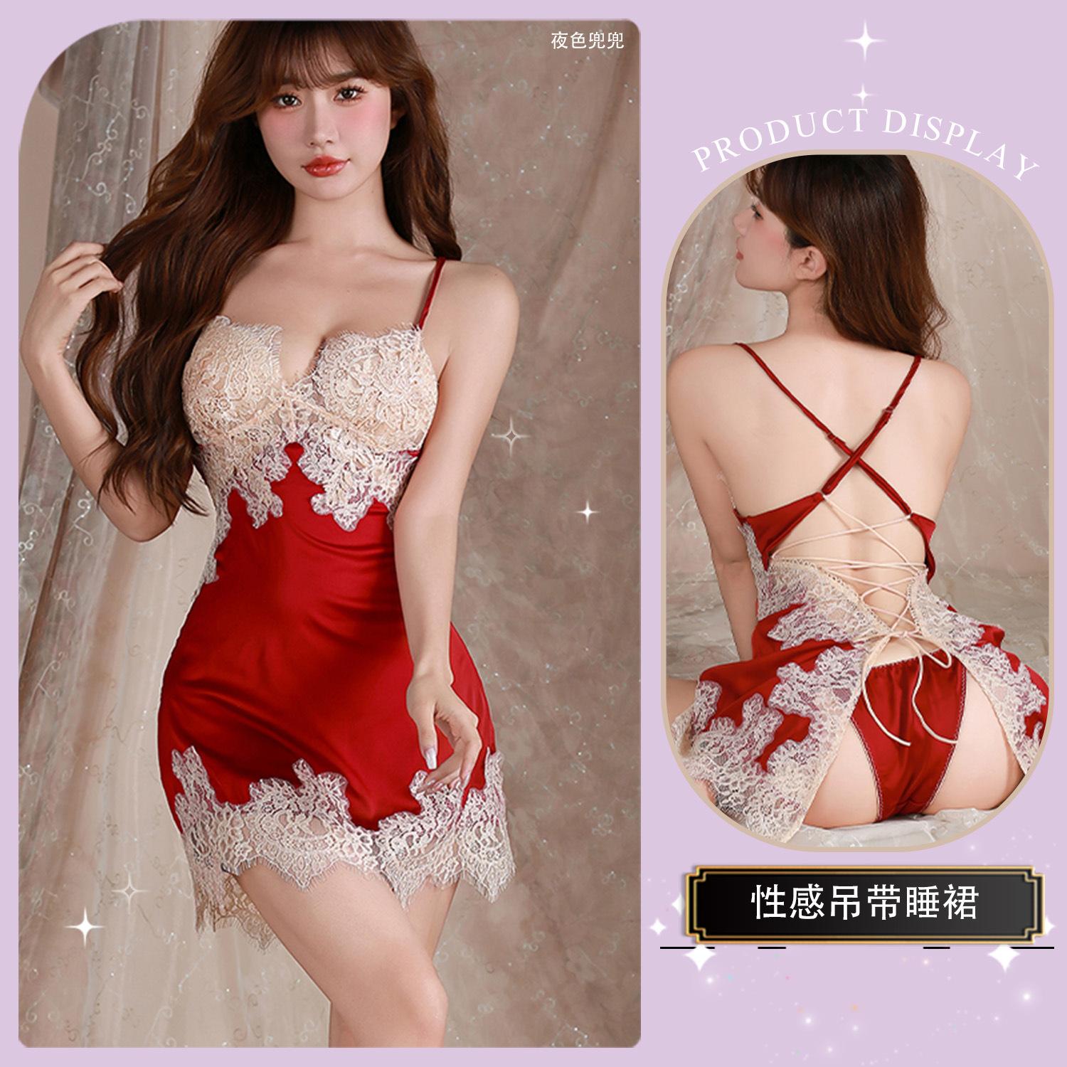 

Love underwear new women s embroidery splicing satin suspender nightdress home hollow sexy one size fits all бордовый