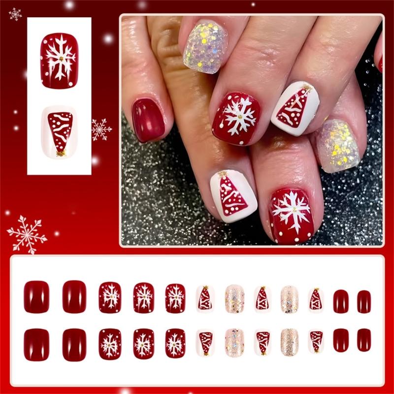 24 Pieces Short Square Glittering French Tip Press On Nail with Snowflake Designs for Christmas and New Year