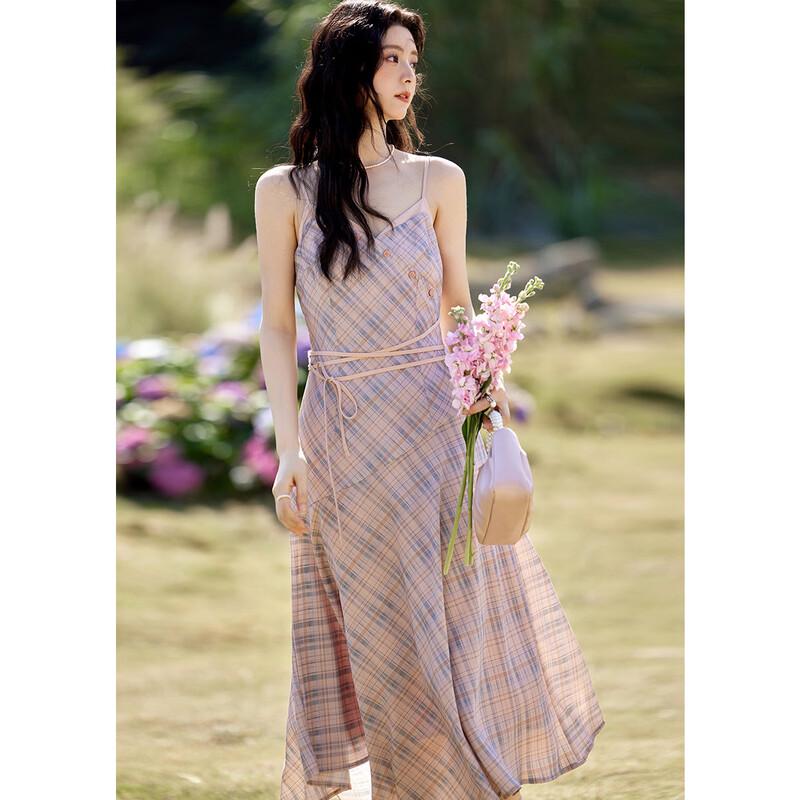 Elegant French Style Plaid V-Neck Strap Dress S