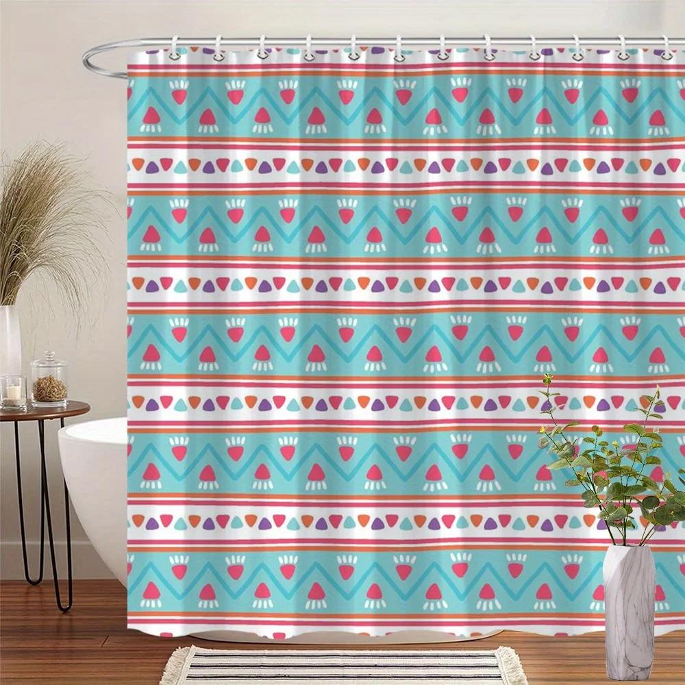 

Geometric Print Shower Curtain - Colorful Shapes On Light Blue Background,Polyester With 12 Hooks, Modern Playful Bath Decor W60H190(CM)-1 Pcs