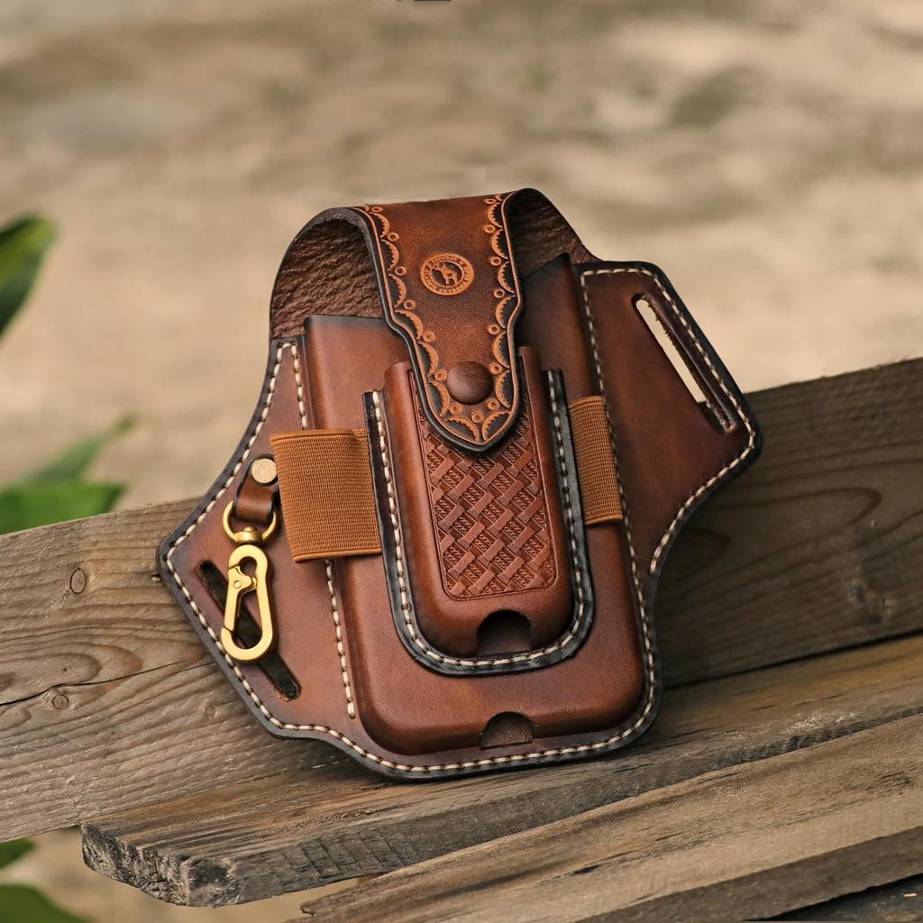 TOURBON Leather Phone Pouch with Belt Tool Pouch for and Keys Loop, Pliers, Pens, Flashlights,