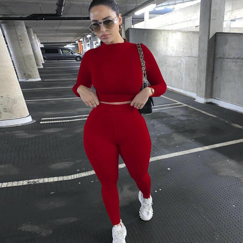 VEZFAA Women's Fashion Casual Spring Autumn Solid Color Print Long Sleeve O-Neck Trousers Pants Suits
