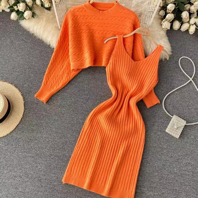 

Осень и зима ленивый ветер свитер женский свободный блузка топ комплект из двух частей вязаное платье на бретелях One size оранжевый