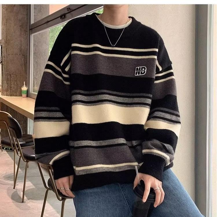 Pulover pentru bărbați cu dungi largi, cu decolteu, toamnă, supradimensionat, tricotat, iarna, tricotaje calde