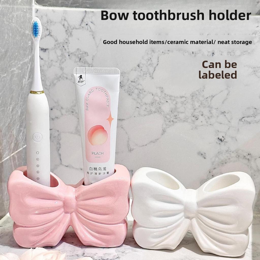 1pc Ceramic Bow Toothbrush Holder Ornament Ceramic Toothbrush Toothpaste Storage Rack Bathroom Accessories Brush Holder