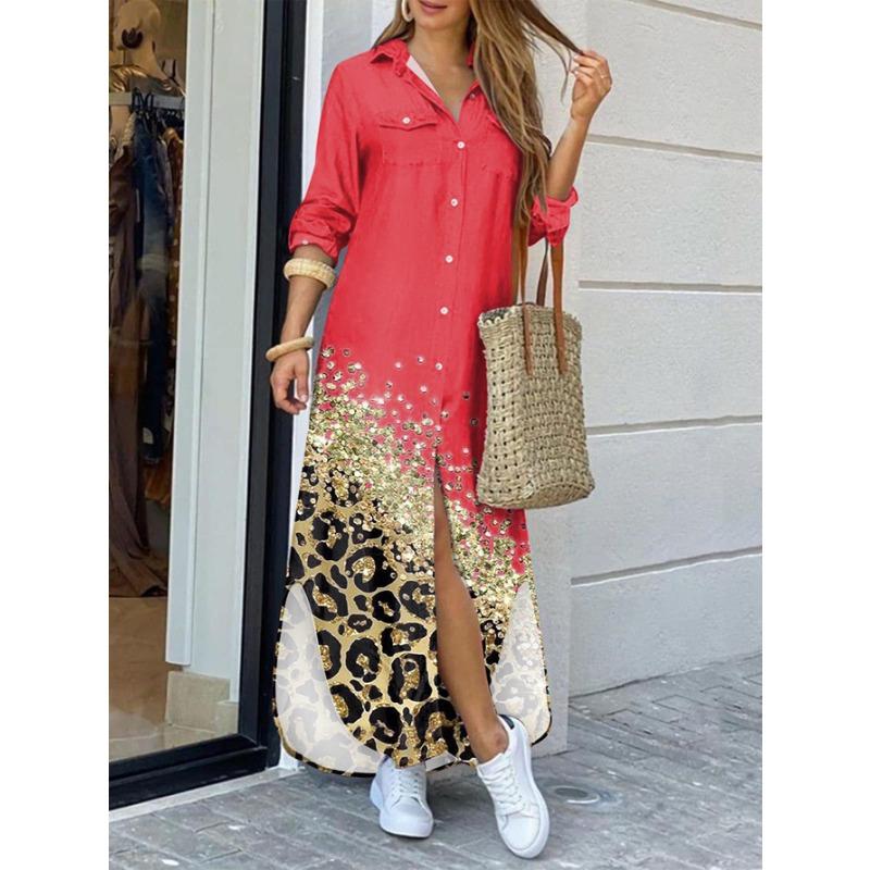 

YYFS Женская мода весна осень леопардовый принт длинный рукав воротник поло свободная талия повседневные платья XXL красный