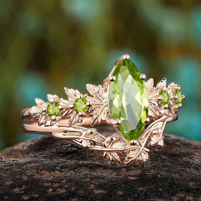 Rose Gold Marquise Flower Ring with Green Zircon - Women's Wedding Jewelry