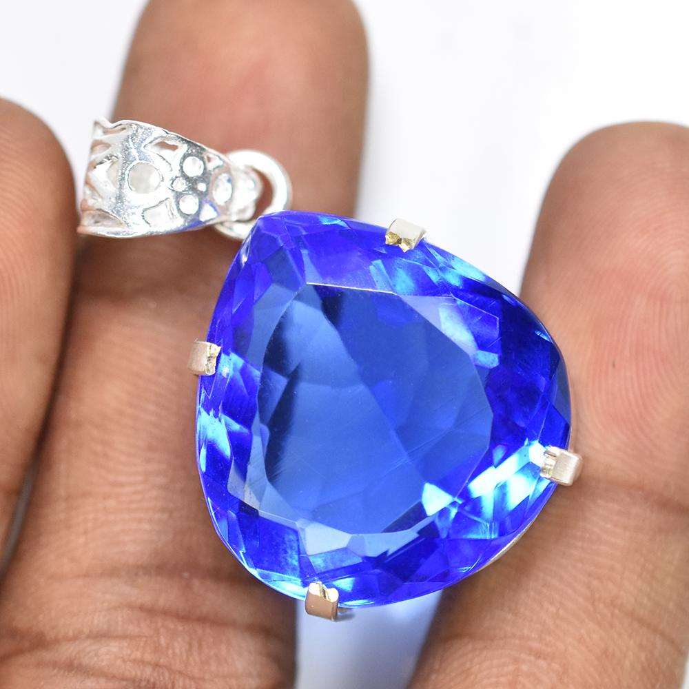 Natural Blue Topaz 925 Sterling Silver CERTIFIED 51.55 Ct Pear Shaped Pendant AI-95-NS