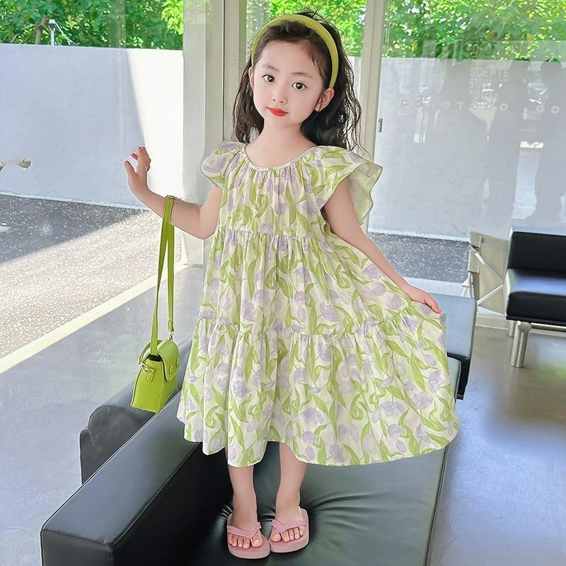 Girls Summer Cotton Lotus Leaf Collar Dress Pure Cotton Floral Tulip Sweet Kindergarten Elementary School Fat Princess Dress