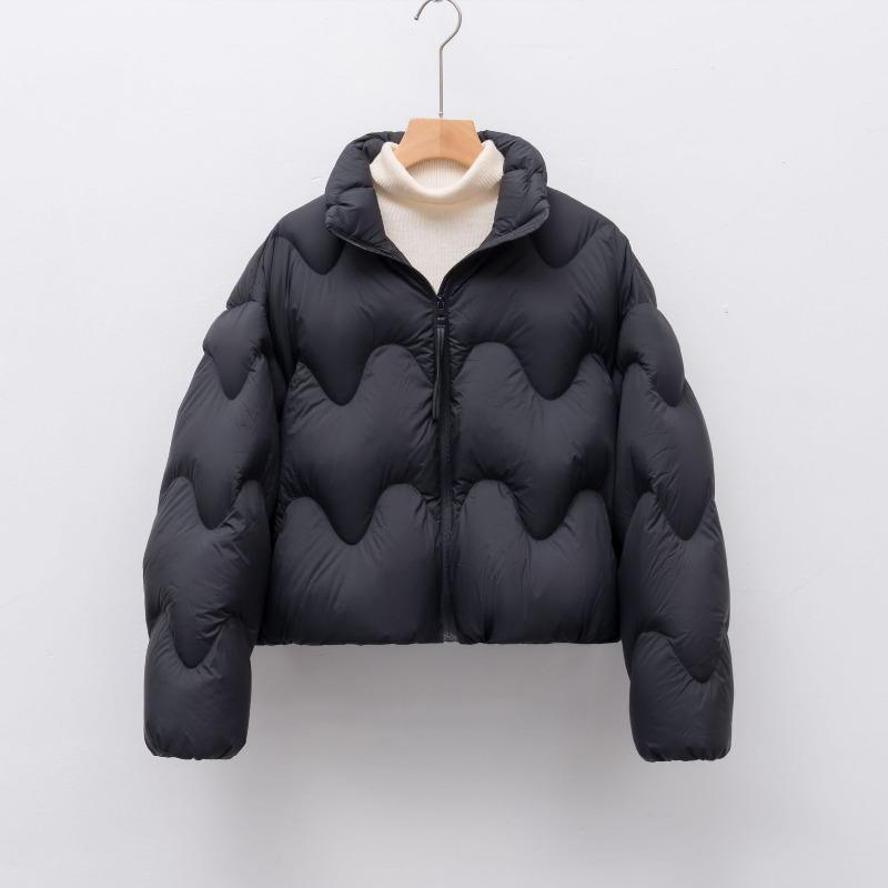 

White duck down short stand-up collar puff down jacket wavy line down jacket women S чёрный