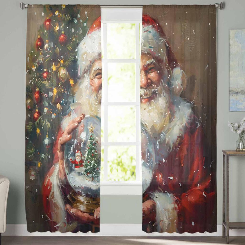 Christmas Santa Crystal Ball Curtains For Living Room Bedroom Home Decoration Window Voile Tulle Curtain Drapes