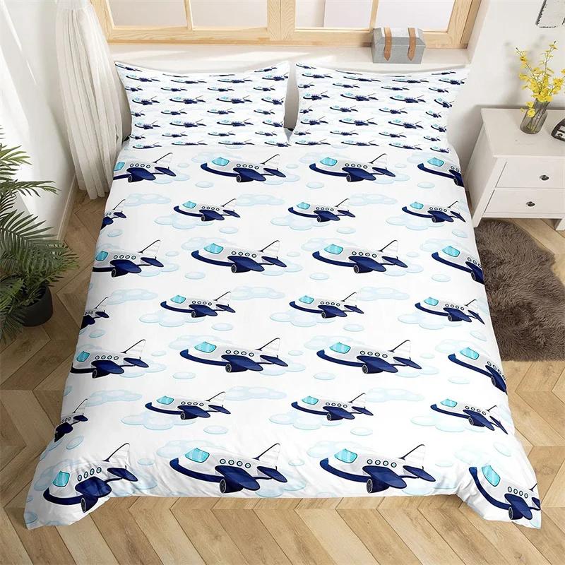 3 Pcs Cartoon Airplane Duvet Cover Large King Size Kids Bedding Cloud Star Moon Print Quilt Cover Children Boy Room Suitable