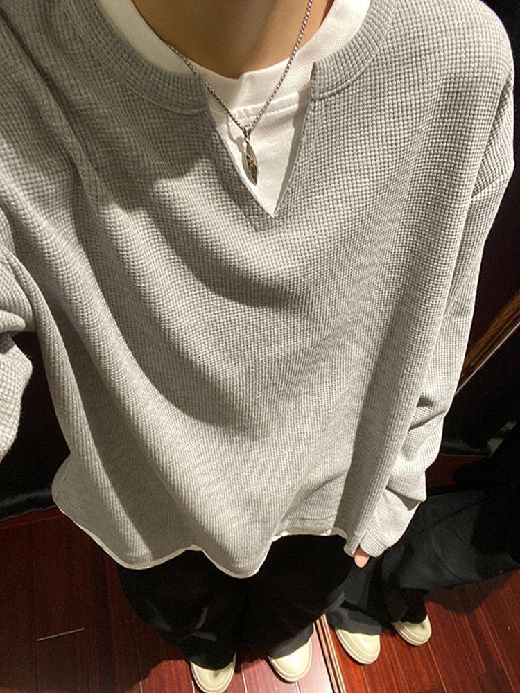 Men's Waffle Knit Two-Piece Collar Sweatshirt - Heavyweight Long Sleeve Casual Top for Spring & Autumn Trend