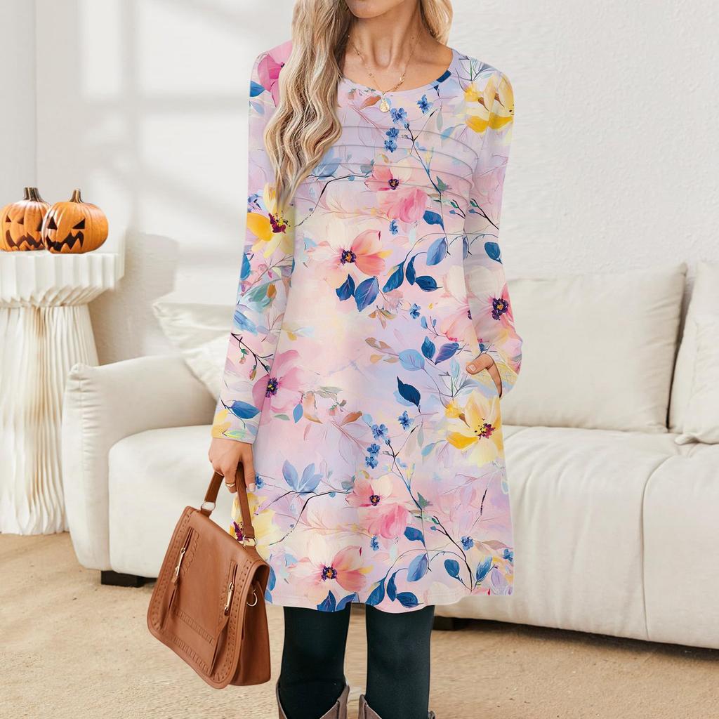 Women's Casual Fashion Long Sleeve Graphic Printed Vintage Dresses With Pockets