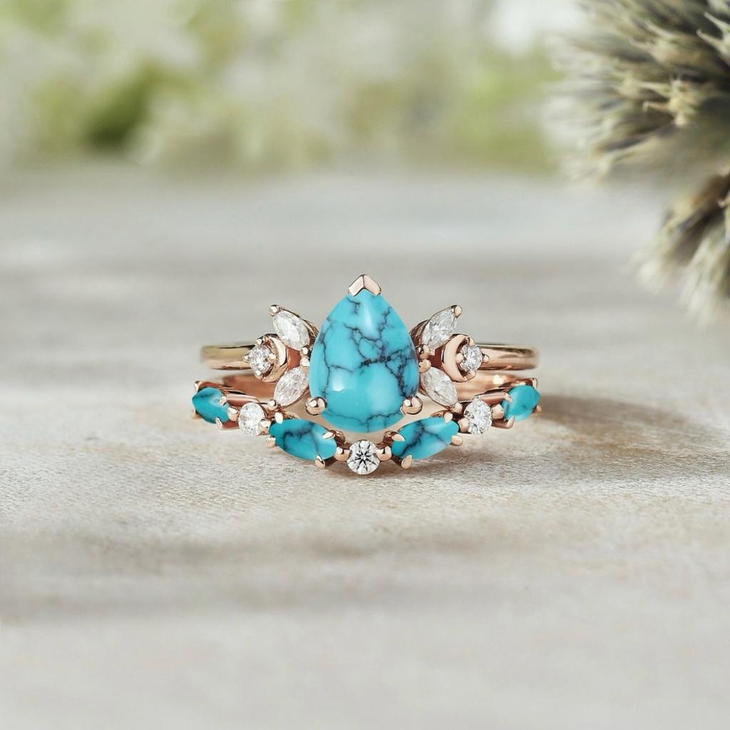 Luxury Bohemian Fashion Water Drop Ring, Light Luxury Diamond-set Turquoise Personalized Design Ring Wholesale