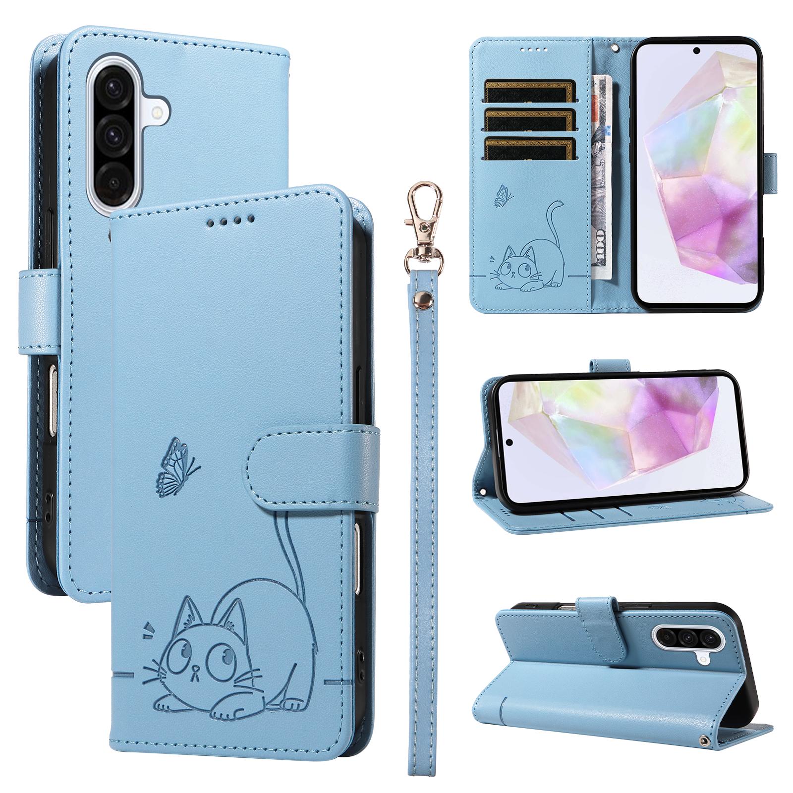 

For Samsung Galaxy A56 5G/M56 5G Case Cat Pattern Imprint Leather Phone Cover with Wrist Strap E