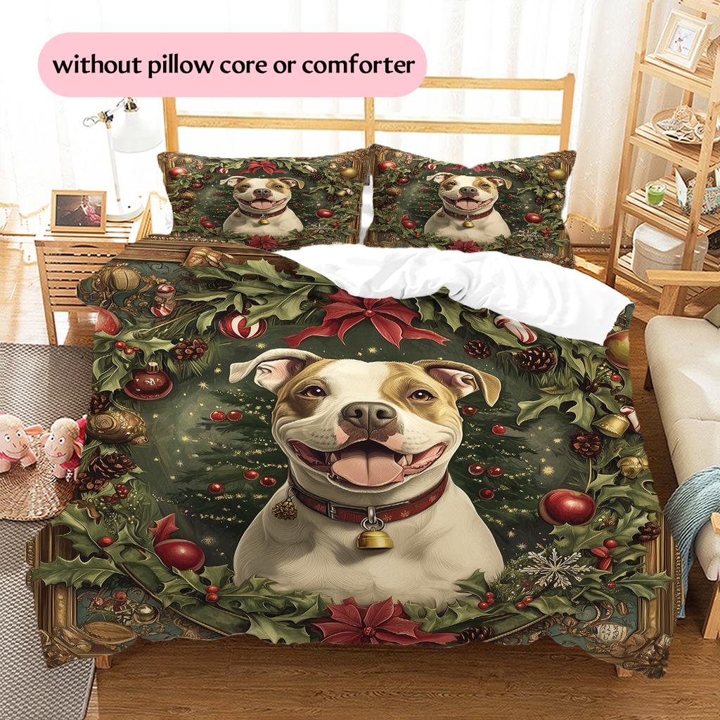 Christmas Pitbull Pattern Bedding Home Decoration Birthday Gift (1 * duvet cover + 2 * pillowcase, without core)
