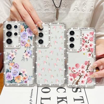 Průhledný kryt na telefon s diamantovým rámečkem pro Samsung S25 Edge S24 FE S23 Ultra S22 A56 A36 A16 A15 A55 A35 s květinovým vzorem, měkký silikonový nárazuvzdorný kryt s nárazníkem