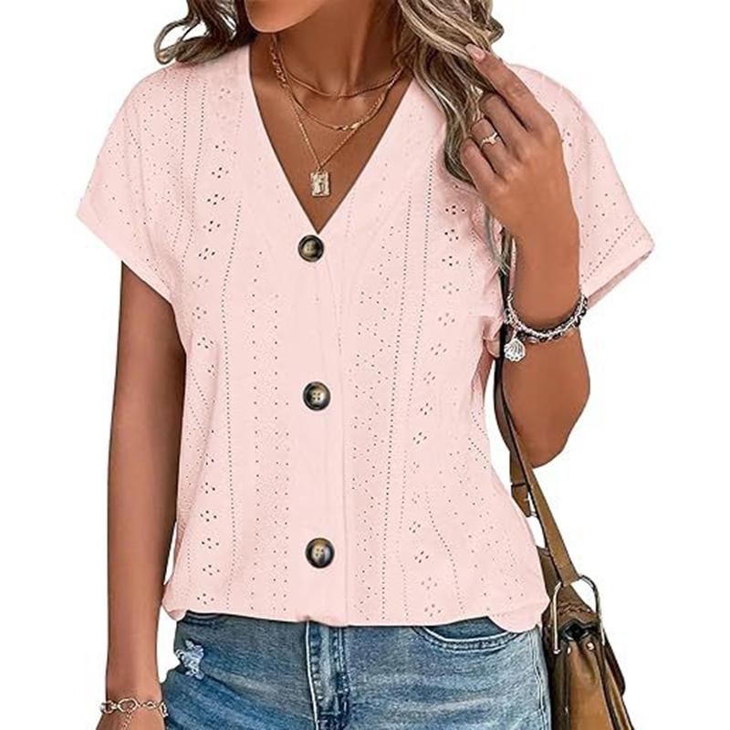 Ladies Summer Short Sleeve V Neck Button Solid Color Jacquard Pullover Hollow T Shirt Top