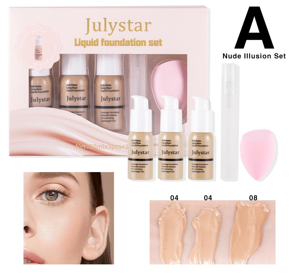 JULYSTAR Liquid Foundation Set Soft Matte Long Wear Waterproof Oil-Controlling Naturally Flawless Concealer Face Makeup Cosmetics with Beauty Sponge
