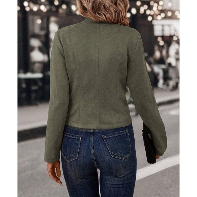 Jesienna Damska Jednokolorowa Dwurzędowa Kurtka Ozdobna Skóra Jelenia Vintage Kurtka z Długim Rękawem